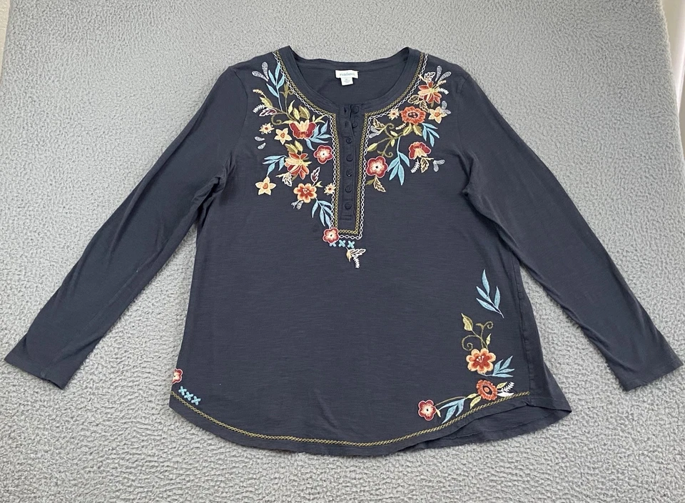 SUNDANCE Wild Willow Floral Bohemian Embroidered Long Sleeve Henley Cowgirl XL - Image 1 of 4