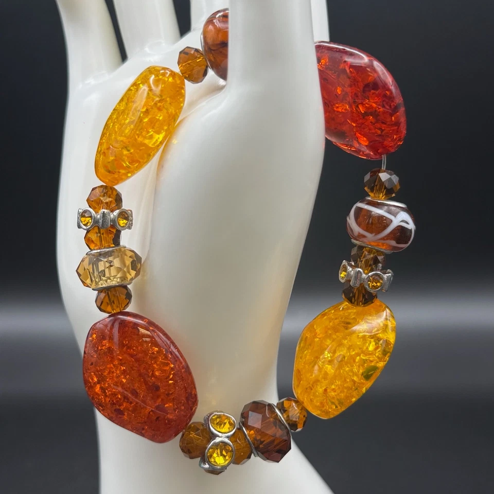 Pulsera gruesa color ámbar con cuentas de resina de vidrio elástico llamativo otoño Foto 1 de 4