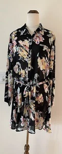 Boohoo Sheer Black Floral Dress (or Long Blouse Top) With Tie Belt Size UK 16 - Picture 1 of 2