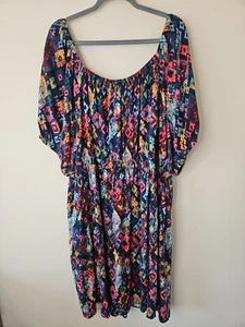 Terra & Sky Dress Women 4X 28W 30W Blue Pink Print Tie Back Puff Sleeve Boho - Picture 1 of 14