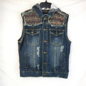 Carbon Brand Women Sleeveless Jean Vest with Gray Hood Factory Distressed Size M - Picture 1 of 9