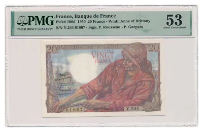 FRANCE banknote 20 Francs 9.2.1950 RARE date !!! PMG AU 53 About Uncirculated - Image 1 of 4