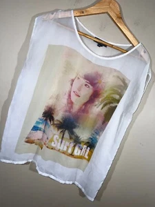 Buffalo Jeans M Medium Shirt Top Sheer Face Surf Girl Cream Tan Tropical V7 - Picture 1 of 5