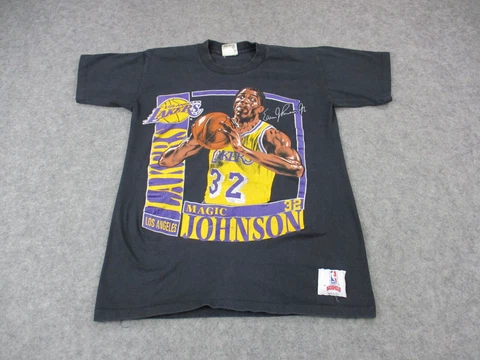 Magic Johnson Los Angeles Lakers Shirt Medium Black Nutmeg NBA Single Stitch 90s Cover