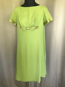 Vintage 60's “ Jackie O “ style, chartreuse silk and ribbon empire waist dress - Picture 1 of 18