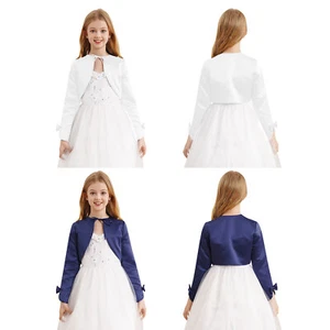 Girls Bolero Shrug Smooth Top Wedding Cardigan Long Sleeve Shawl Cocktail Coat - Picture 1 of 29