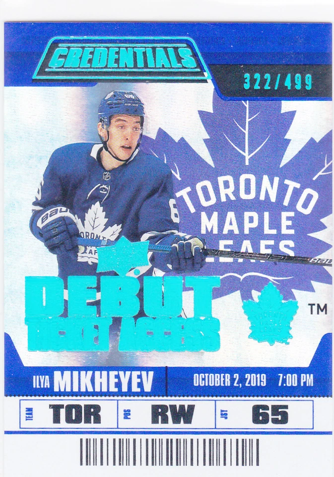 19/20 CREDENTIALS..ILYA MIKHEYEV..DEBUT TICKET ACCESS../499..# 137..MAPLE LEAFS - Image 1 of 1