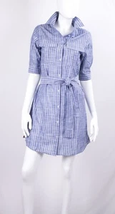 MARKUP W. DONNA VESTITO CORTO A CAMICIA CON CINTURA CELESTE A RIGHE IN COTONE - Foto 1 di 8