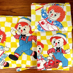 Vintage Raggedy Ann & Andy Pinch Pleat Curtain Panels & Twin Flat Sheet 3 pc Set - Picture 1 of 7