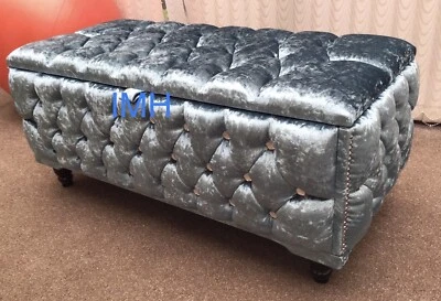 Storage Ottoman Fully Upholstered In Crushed Velvet Chesterfield Unique Design - Image 1 of 4