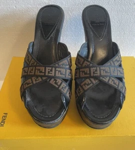 Authentic FENDI Zucca FF Logo Platform Wedged Mules Vintage Heels EU 38 Shoes - Picture 1 of 10
