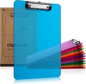 12 Pack Acrylic Multi Color Plastic Clipboards with Low Profile Clip 12.5" x 9" - Picture 1 of 16