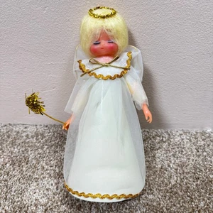 Vintage Weihnachtsengel Baumspitze 60er Jahre Deko blauer Lidschatten weiß Goldrand - Bild 1 von 5