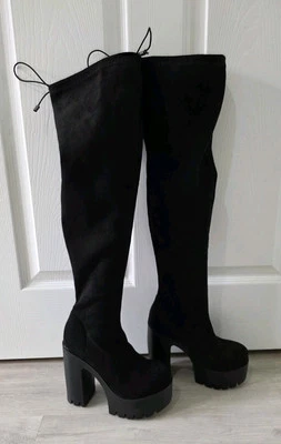 THIGH HIGH SUEDE BOOTS size 3 black PLATFORM ladies BLOCK HEEL sock SEE DESCRIPT - Image 1 of 4
