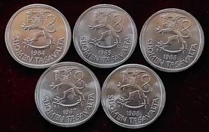 Finlandia, Markka de plata 5 x 1.  Juego de monedas 1964,1965,1966,1967,1968. - Imagen 1 de 12