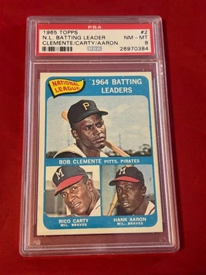 Hank Aaron 1964 líderes de bateo Clemente 1965 Topps #2 béisbol PSA 8 casi nuevo-como nuevo Foto 1 de 2