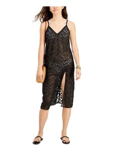 MIKEN Women's Black Textured Slit Midi Deep V Neck Metallic Swimsuit Cover Up S - Picture 1 of 11