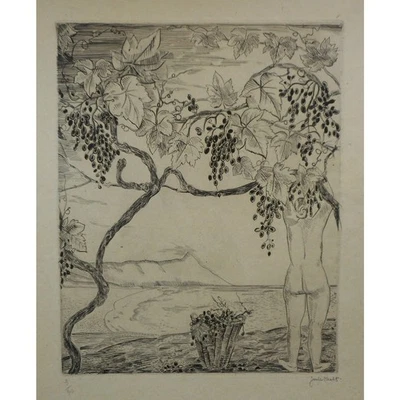 c 1920 Joseph Hecht "Vendange" (Grape Harvest) Engraving Antique Original Print - Image 1 of 4