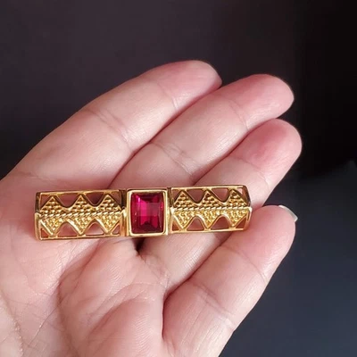 Vintage Swarovski Bar Brooch with Deep Red Crystal Gold Plated Swan Signed - Image 1 of 4