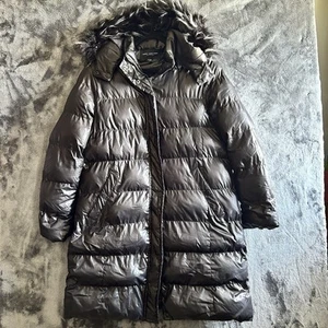 Andrew Marc New York Black Faux Fur Hooded Long Puffer Down Coat Women's Large - Picture 1 of 11