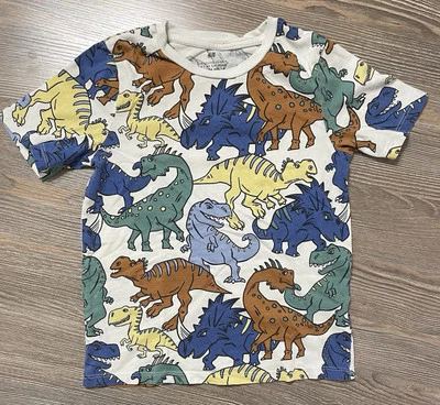 H&M Boys White Tee w/ All Over Dinosaur Print Size 6X 100% Cotton - Image 1 of 4