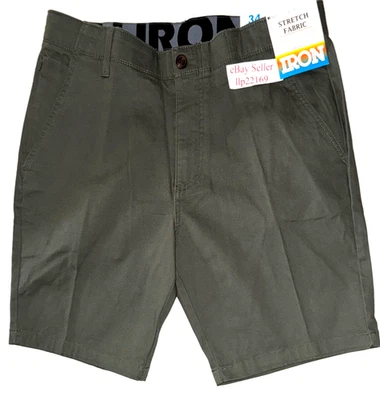 Pantalones Cortos Elásticos IRON CO Para Hombre (TALLA 34) Cintura Flexible Frente Plano VERDADERO OLIVA ¡Nueva Etiqueta! Foto 1 de 4