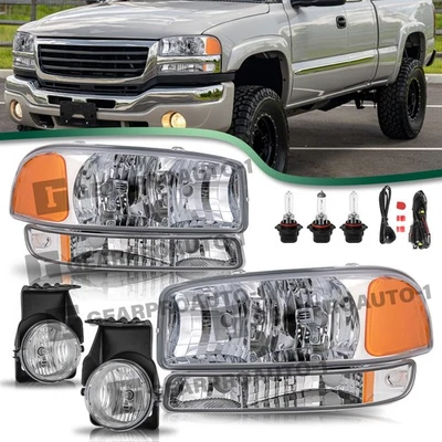For 2003-2007 GMC Sierra 1500 2500 3500 Chrome Amber Headlights+Fog Lamps Lights - Image 1 of 4