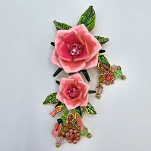 Lunch at the Ritz rosa Blumen Brosche Emaille Baumeln Kristall LATR 2GO Nachlass Anstecknadel - Bild 1 von 14