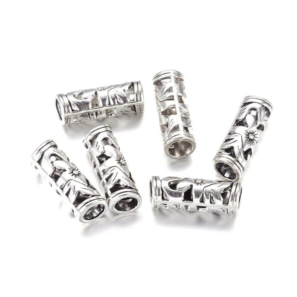 20 Tibetan Alloy Straight Tube Beads Filigree Flower Silver Loose Spacers 8x23mm - Image 1 of 2