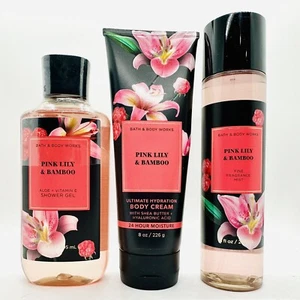 NEW SET! 3 PCS BATH & BODY WORKS PINK LILY & BAMBOO SHOWER GEL, BODY CREAM, MIST - Picture 1 of 8