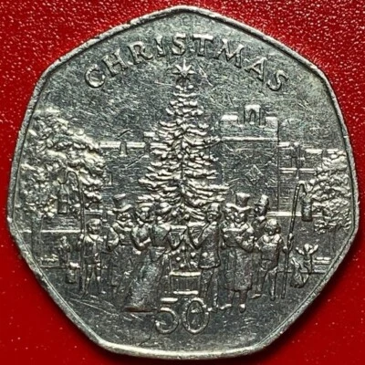 1982-AB ISLE OF MAN 50 PENCE CHRISTMAS TREE CAROLERS CAT CU-NI COIN (no silver) - Image 1 of 3