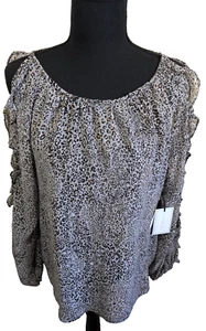 1.STATE Blouse Cold Shoulder Ruffle Sleeve Leopard Print Relaxed Fit Medium  - Picture 1 of 11