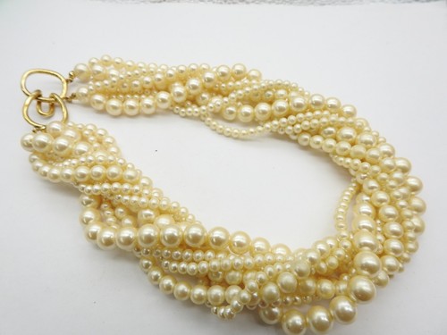 OFF WHITE Collana intrecciata con perline finte bianche multifilo vintage