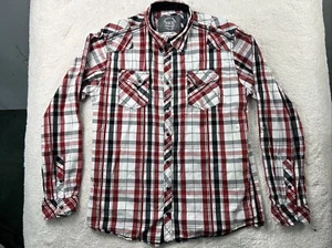 BKE Vintage Shirt Mens XL Relaxed Fit Red/Black Plaid Pearl Snap Western Preppy - Picture 1 of 12