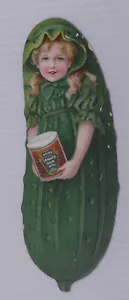 1890er HEINZ WERBUNG GESTANZTE HANDELSKARTE, GURKENMÄDCHEN mit TOMATENSUPPENDOSE - Bild 1 von 2