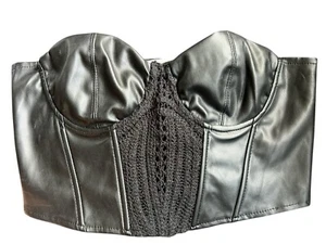 NWT Black vegan leather crop top bustier strapless zip close lace front Large - Picture 1 of 4