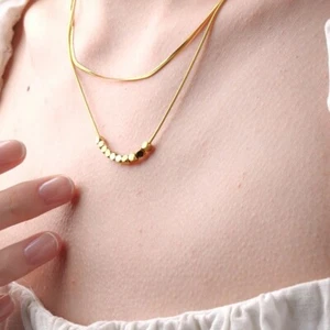 Gold solid 10 movable beads charm pendant double snake chain necklace 37 to 42cm - Picture 1 of 5