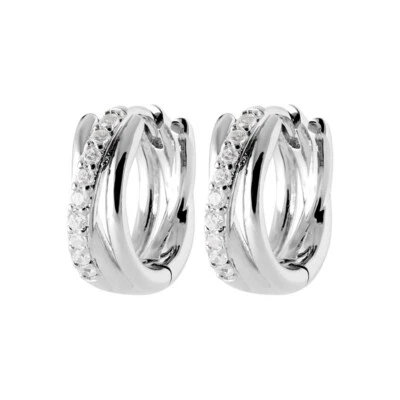 Orecchini A Cerchio In Argento Rodio E Zirconi - 3 Anelli Effetto Attorcigliato - Immagine 1 di 3