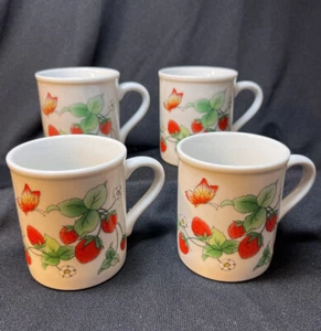 Cute Set Mugs Coffee cups Strawberry Flower White Butterfly Pattern Set Of 4 - Picture 1 of 7