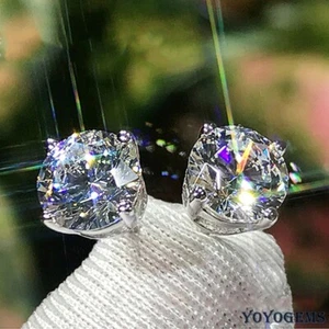 Moissanite Solitaire Stud Earrings 2 CT Round Brilliant Cut Solid 14K White Gold - Picture 1 of 5