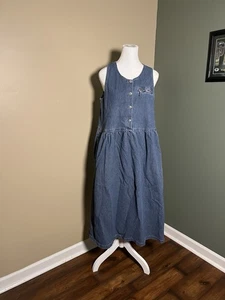Vintage 90s Denim Midi Dress With Pockets Silver Sun Buttons Chest Zipper READ - Picture 1 of 6