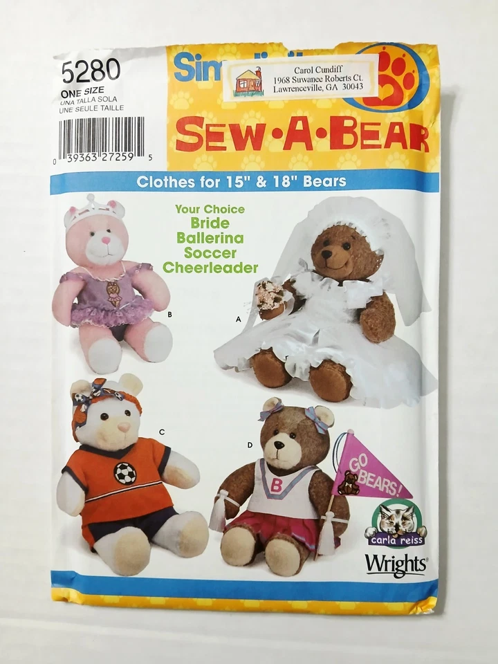 5280 Simplicity Sewing Pattern Sew-A-Bear 15" 18" Clothing. Uncut - Image 1 of 3