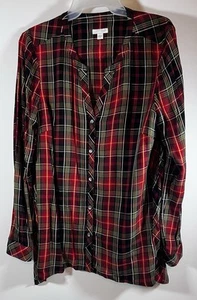 J Jill Womens Long Sleeve Button Down Plaid Tunic Shirt Red Green Sz M - Picture 1 of 7