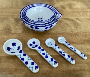 World Market 8 Piece Set of Measuring Cups/Spoons, Blue & White Ceramic, NEW - Picture 1 of 6