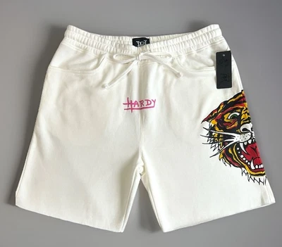 ¡OFERTA! Pantalones Cortos Ed Hardy Nuevos con Etiquetas Roaring Tiger Marfil con Rosa Ed Hardy en la Espalda L Foto 1 de 4