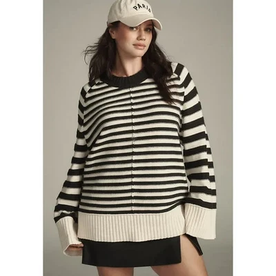 Maeve Anthropologie Womens Black Cream The Chandler Crew Neck Relaxed Sweater 3X - Image 1 of 4