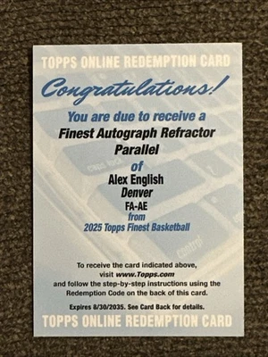 2025 Topps Finest Autograph Refractor FA-AE Alex English Redemption - Image 1 of 2