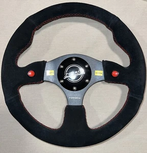 NRG INNOVATIONS STEERING WHEEL RST-007S 320mm SUEDE w/DUAL HORN BUTTONS RED STCH - Picture 1 of 6
