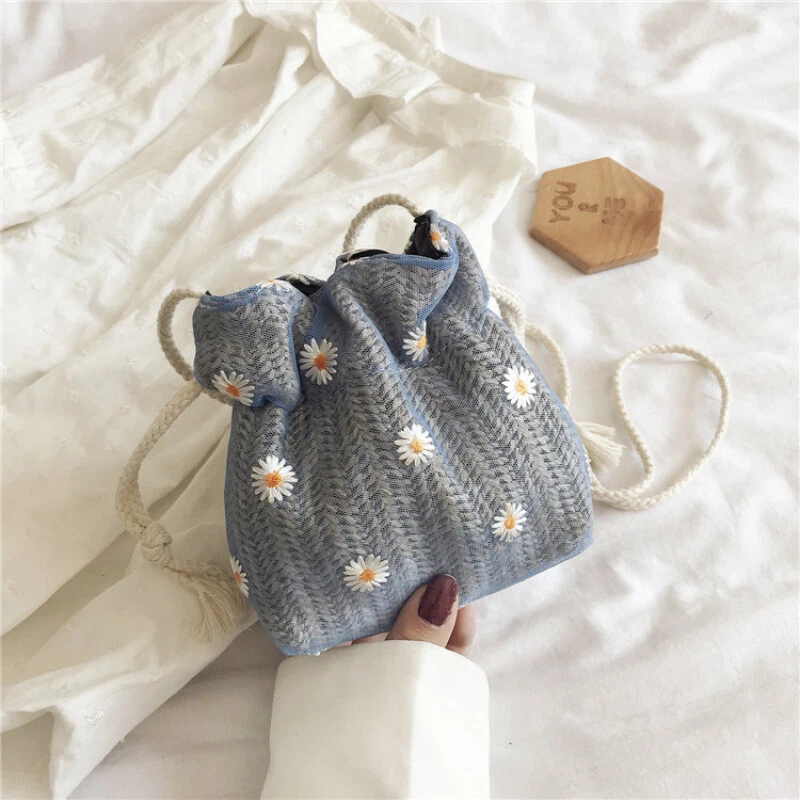Women Straw Shoulder Bucket Bag Floral Embroidery Woven Tote Handbag Crossbody - Image 1 of 4