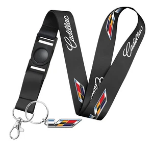 Cadillac V Logo Die-Cut Metal Key Chain Black Lanyard - Picture 1 of 5